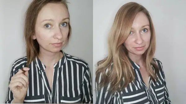 Vorher/Nachher-Vergleich: Frau mit dünnem Haar und dann vollerem, glänzenderem Haar. Hilft wirklich bei Haarausfall bei Frauen.