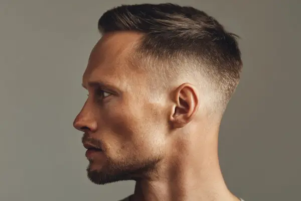 Mann mit kurz geschnittenem Haar, das mit Pomade für dünnes Haar gestylt ist, um Volumen zu schaffen.