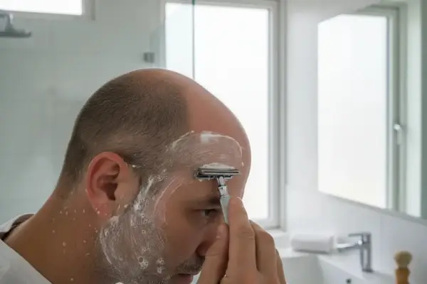 Mann rasiert sich die Glatze mit einem Rasierhobel und Rasierschaum im Badezimmer.