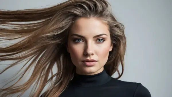 Frauenkopf mit wehendem Haar, das auf die Kraft von Shampoo Protein hinweist.