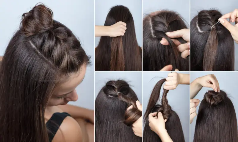 Schritt-für-Schritt-Anleitung für **flechtfrisuren einfach**: Ein süßer Half-Bun mit seitlichem Zopf, der im Handumdrehen gelingt.
